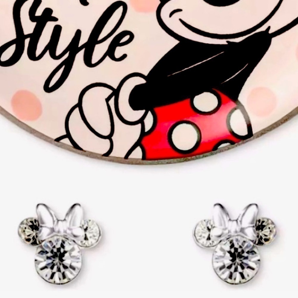Disney MINNIE MOUSE Sterling Silver Clear Crystal Stud Earrings & Trinket Dish - Picture 2 of 9